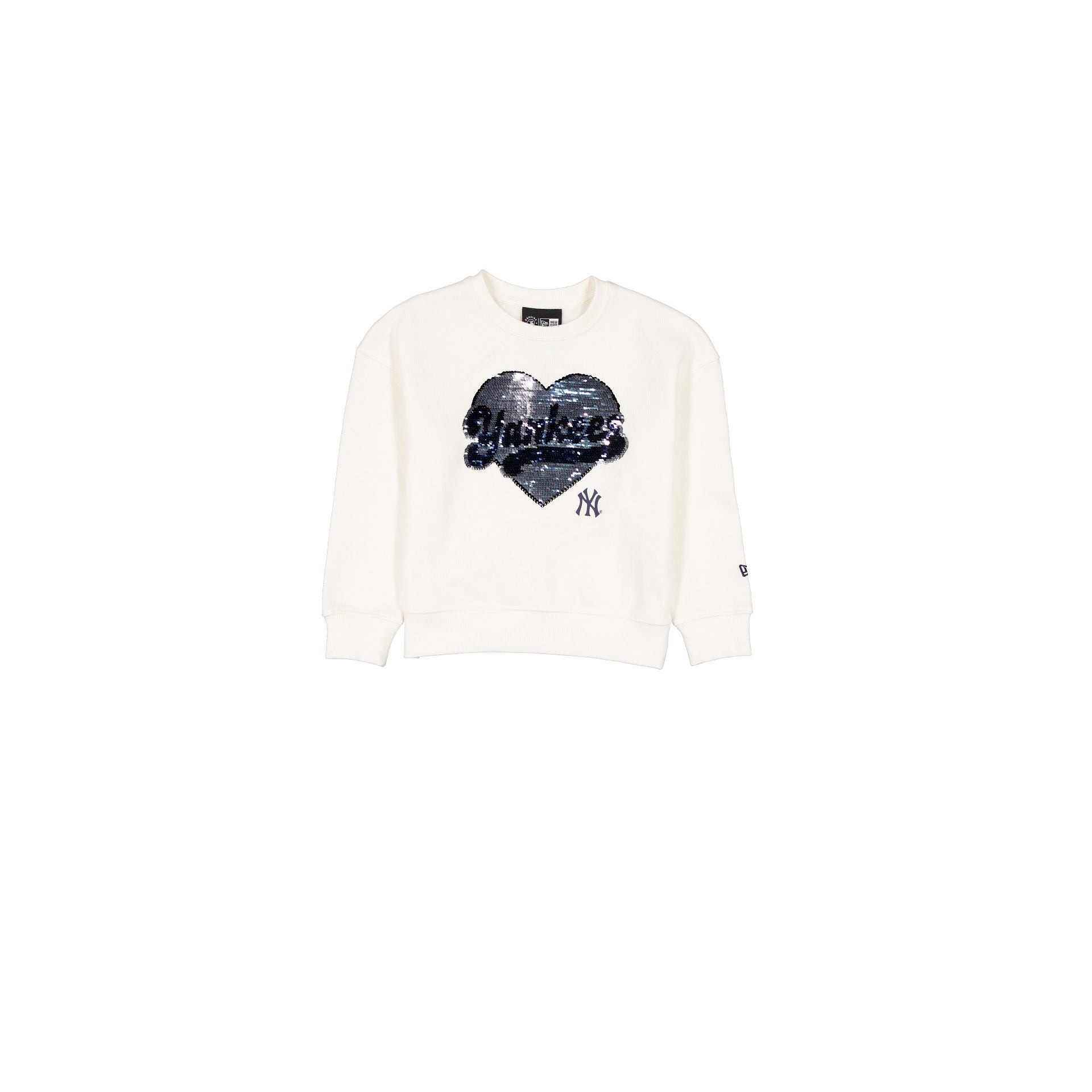 New York Yankees Girls Sequin Heart Chrome White Crewneck